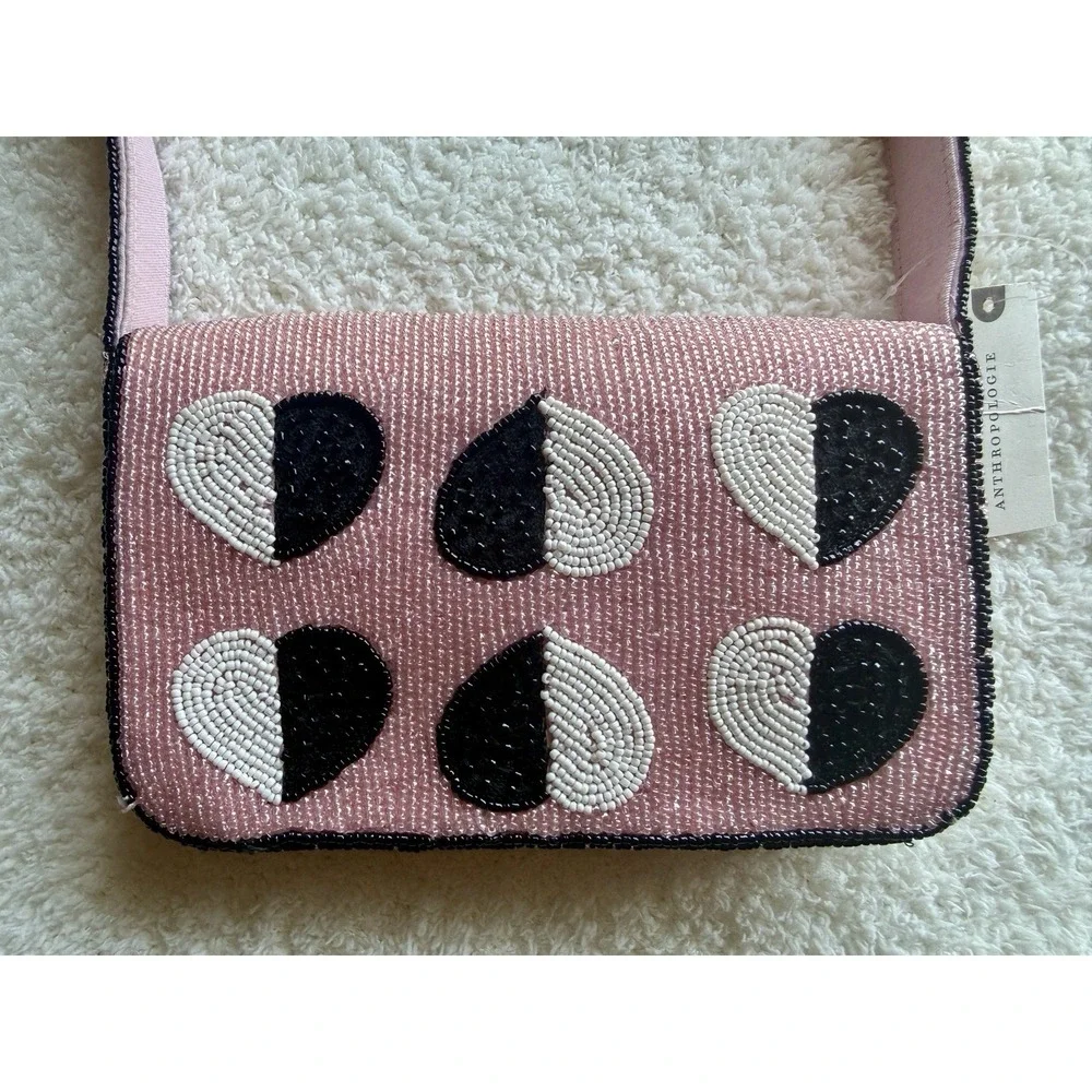 NWT Anthropologie The Fiona Beaded Bag: Icon Edition Pink Black Hearts